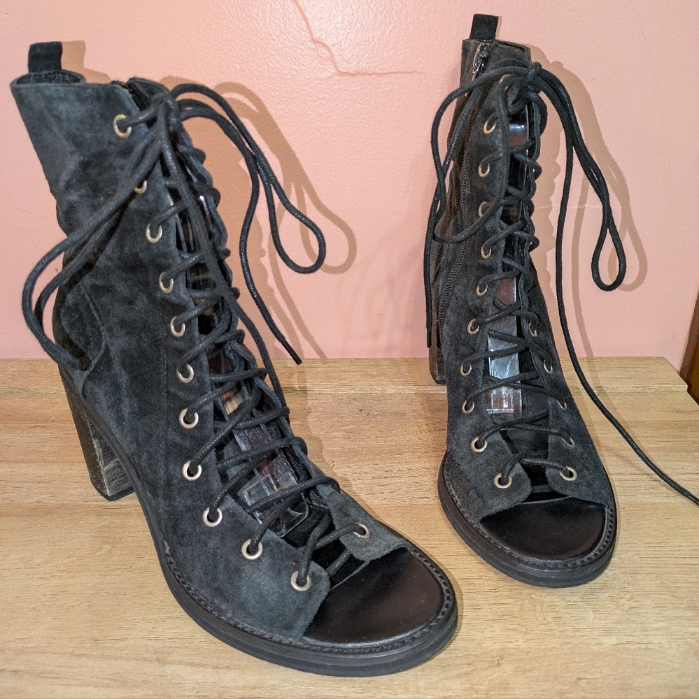Free People Corset Black Suede Lace Up Heels Boots Witchy Leather
